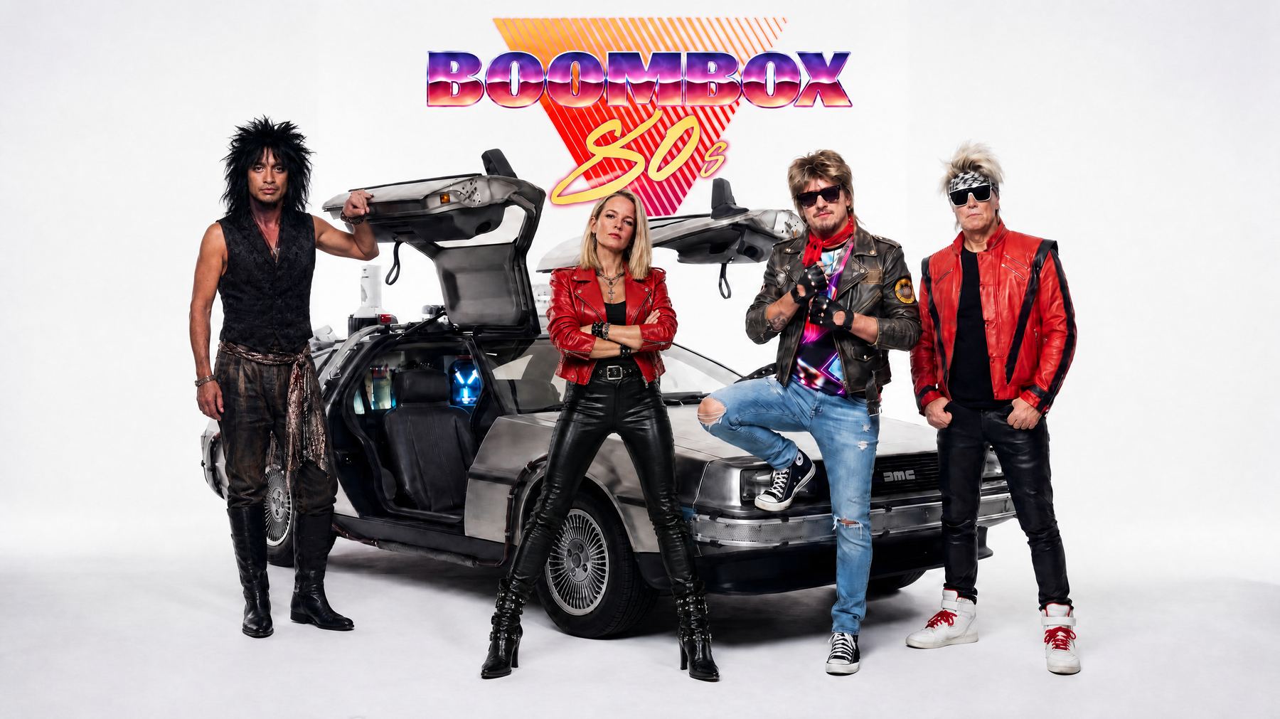 Boombox 80s — The Axe, Voxana K, Ricky M and Ratty with the DeLorean